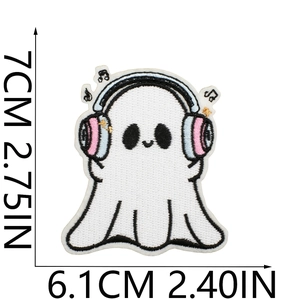 Detailed view of white ghost embroidery patch with size dimensions 7CM by 6.1CM