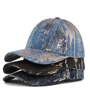 Sequin-decorated denim baseball caps in blue and black colors featuring a curved brim