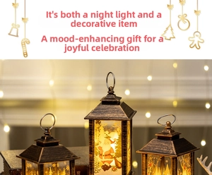 Close-up of bronze Christmas lantern featuring hand-painted Santa Claus and warm LED light