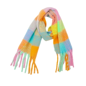 Thick winter rainbow checkered scarf in soft imitation mohair with tassel detail