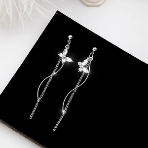 Sparkling crystal butterfly tassel earrings with S-shaped long silver chains for women