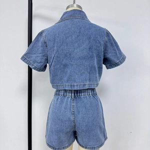 Back view of a two-piece blue denim utility set featuring a top and elastic waist shorts