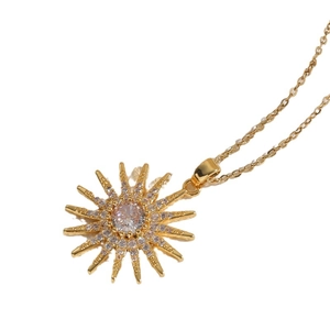 Elegant 14K gold plated sunflower pendant necklace with sparkling zircon geometric details