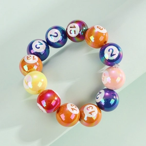 Detailed view of colorful iridescent resin billiard ball beads bracelet with numeric print