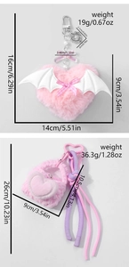 Pink plush heart keychain with wings and woven mini bag showing size and weight details