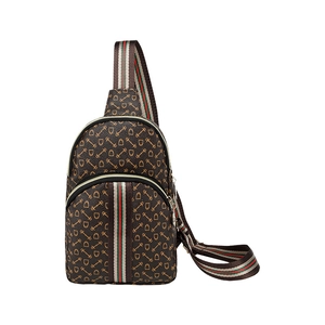 Detailed view of brown monogram chest bag featuring classic green and red strap and gold zipper