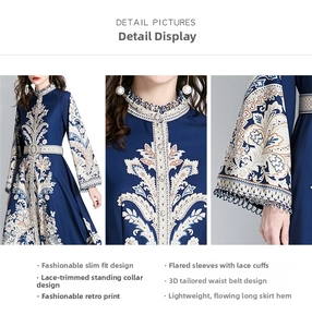 Detail of floral flare sleeves and lace stand-up collar on a blue maxi dress
