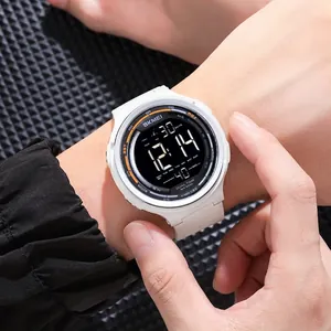 White waterproof digital sports watch with black LCD screen and silicone strap for outdoors
