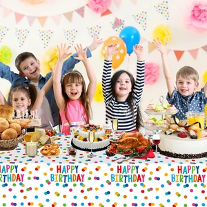 Colorful polka dot disposable tablecloth for kids birthday party with happy birthday print