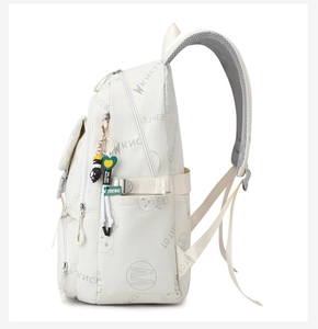 Detail view of white school backpack with bear prints and breathable mesh straps