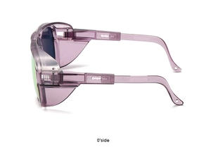 Side view of laser safety goggles with purple frame and green protective lenses