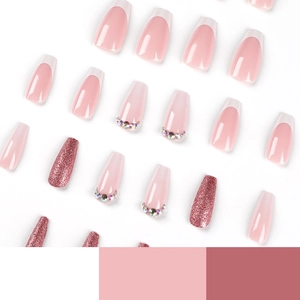 Unghie finte French rosa con punte bianche, glitter rosa e strass scintillanti