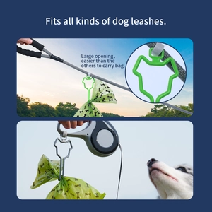 Hands-free pet waste bag holder clip attached to various dog leashes for easy walks