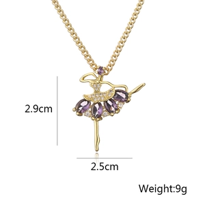 Detail showing 2.9cm x 2.5cm gold ballet dancer pendant with purple stones and size labels