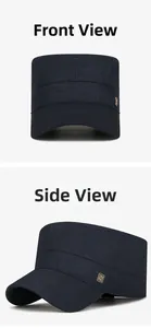 Front and side view of a navy cadet cap with a square metal logo and twill fabric