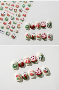 Detailed summer nail stickers featuring cartoon panda, monkey, and watermelon patterns