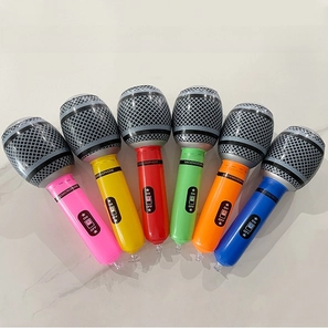 Set of six 24cm inflatable microphones in vibrant colors with Magic Microphone text