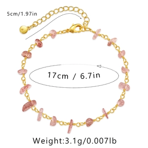 Size details of handmade 18K gold chain bracelet with irregular pink stone beads