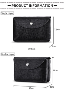 Size comparison for black leather coin purses in single and double layer dimensions