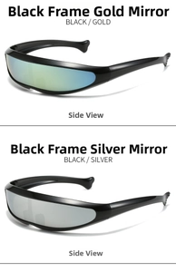 Side view of futuristic wrap-around sports sunglasses with black frames and mercury lenses