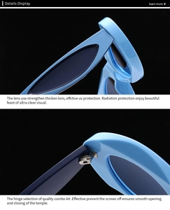 Macro detail of sky blue sunglasses showing the reinforced metal hinge and resin frame