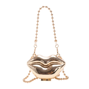 Goldene Mini-Umhängetasche in Lippenform mit modischer Blume und feiner Perlenkette