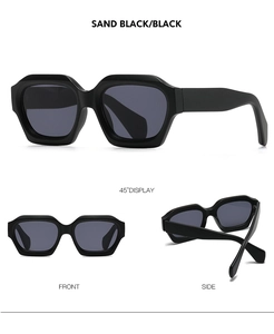 Detailed views of geometric polygon sunglasses in sand black with dark grey lenses