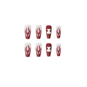Burgundy flame press-on nails with 3D white bear charms in a medium ballet shape