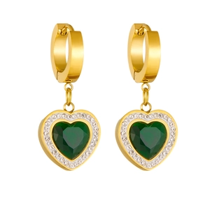 Elegant gold earrings with green heart pendants and sparkling pavé diamond borders