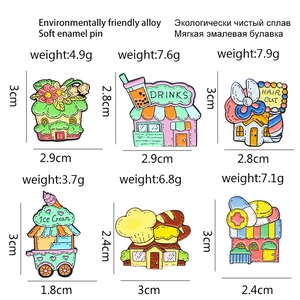 Set of six cartoon shop enamel pins made of eco-friendly alloy on a white background