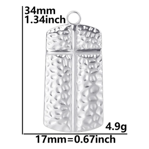 Detail view of silver stainless steel cross pendant with hammer texture and dimensions