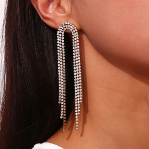 Elegant silver tassel earrings with zircon studs showing a waterfall fringe effect