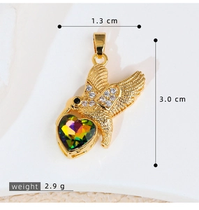 Detail showing dimensions of gold hummingbird pendant with crystal heart and clear stones