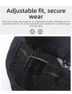 Détail de la fermeture snapback réglable et du tissu en maille respirante de la casquette