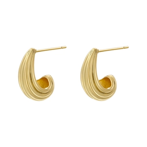 French vintage style golden croissant hoop earrings with textured vertical ridges