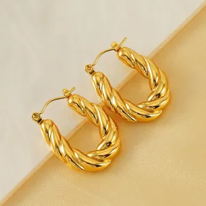 Twisted Hoop Earrings Stainless Steel 18K Gold Plated French Retro Geometric U-Shape Chunky Croissant Jewelry For Women