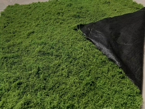 Detail of the layered artificial green moss mat showing the durable black base fabric