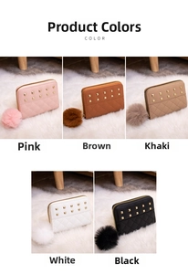 Detailed set of short zip wallets with diamond stitching and plush faux fur pompom accents