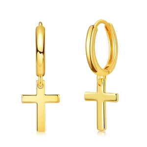 Detailed close-up of 18K gold plated huggie earrings with polished cross pendants