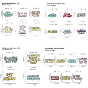 Size chart for 23 colorful enamel pins with weights and dimensions in inches and grams