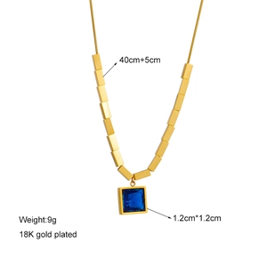 Minimalist titanium steel necklace with blue square zircon pendant and 18K gold plating