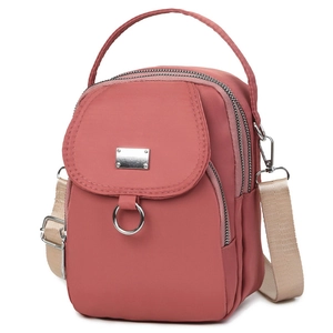 Fashionable coral pink nylon crossbody bag with multi-layer zipper and wide strap