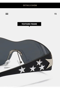 Detail showing black sunglasses frame with stylish silver metal star-shaped accents