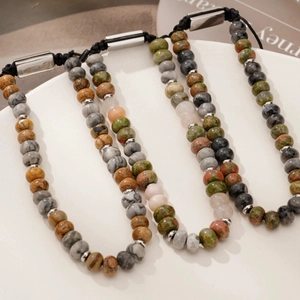 Natural stone beaded bracelets for men with adjustable woven cord and metal buckle