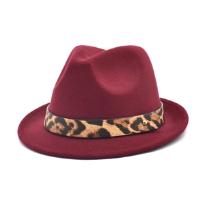 Burgundy wool felt Fedora hat featuring leopard print band with gold metal buckle