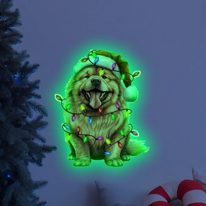 Luminous Christmas dog wall sticker with Santa hat and festive string lights decor
