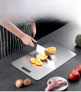 Macro detail of SUS 304 stainless steel cutting board with brushed metal texture and handle