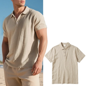 Detail of men linen polo shirt in beige with breathable cotton texture and sea style