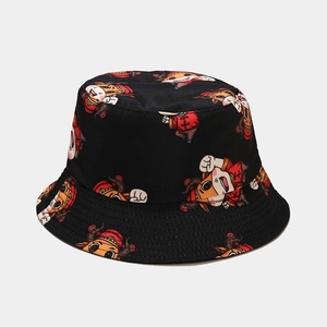 Detail of black bucket hat featuring Chinese zodiac ox print and reinforced stitching