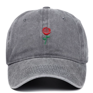 Vintage dark grey washed cotton baseball cap featuring red rose floral embroidery